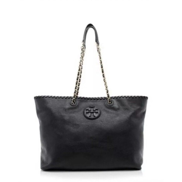 Tory Burch Marion Large Slouchy Tote Bag Gold Chain Black Pebbled Leather - Picture 1 of 16